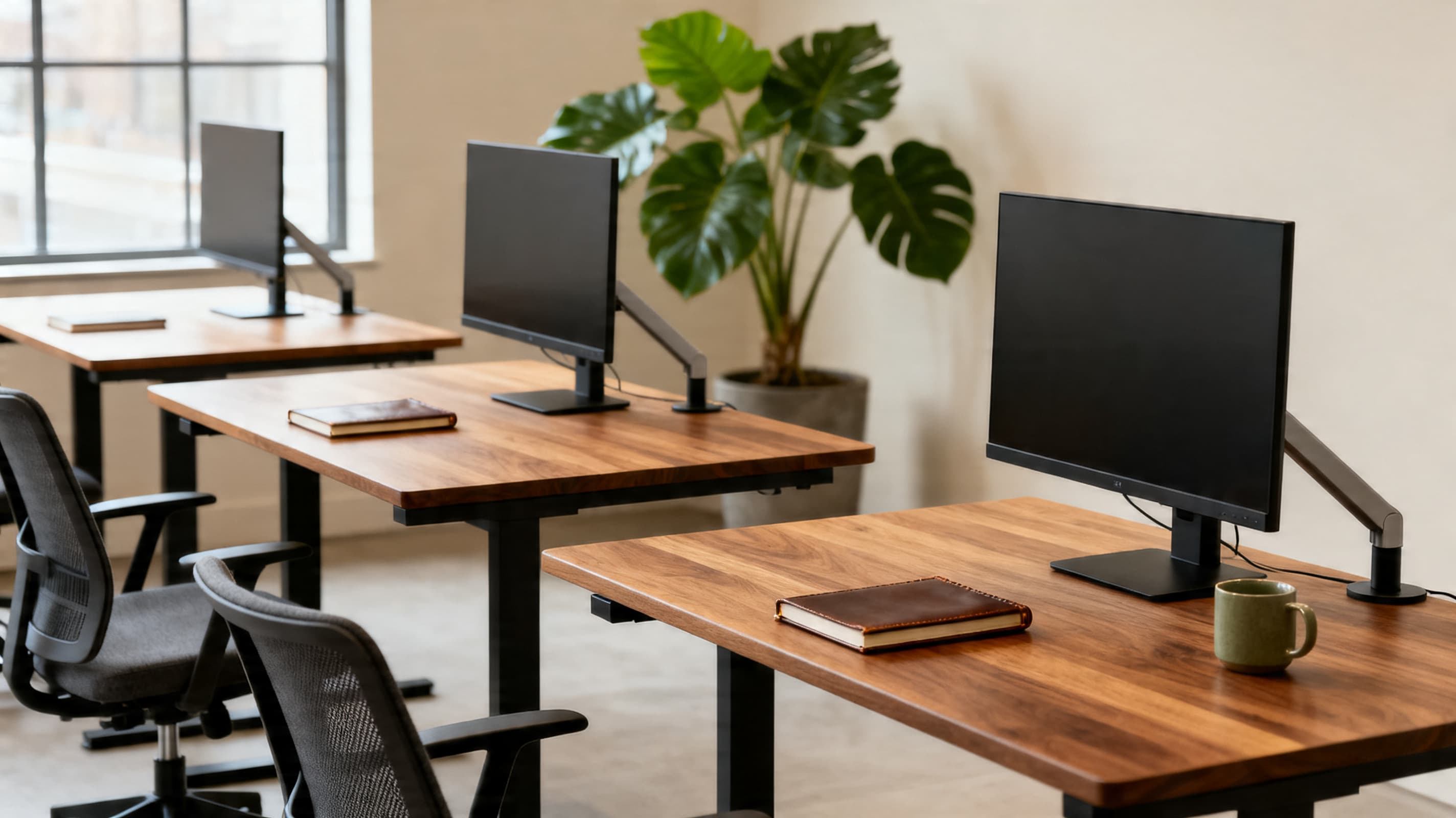 Veneer Executive Sit-Stand Desk in a real workspace — Dual-motor, 1800mm, oak veneer — engineered for ten thousand cycles.